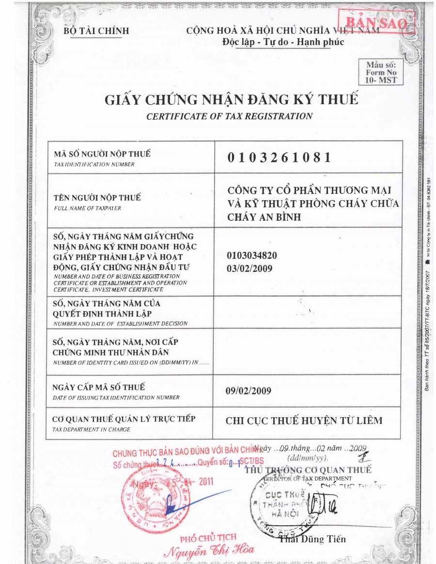 Chứng nhận đăng ký thuế
