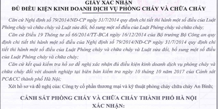 Giấy đủ điều kiện kinh doanh Phòng cháy & Chữa cháy